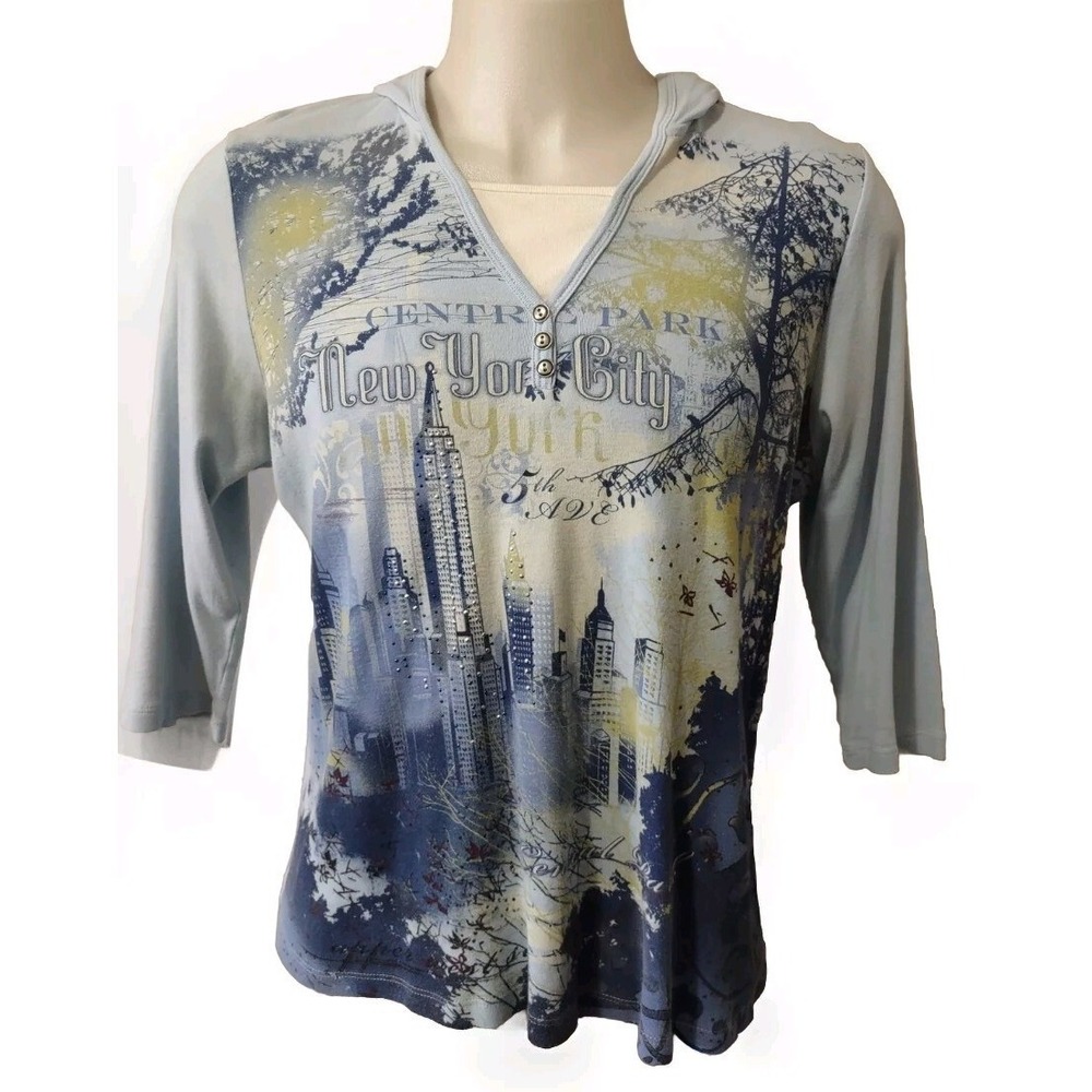 CJ Banks Shirt Women's Adult Size X 3/4 Sleeves Light Blue Hood New York City